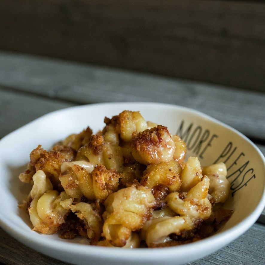 Bacon Gouda Mac & Cheese with Sourdough Breadcrumbs and Strawberry Habanero Drizzle